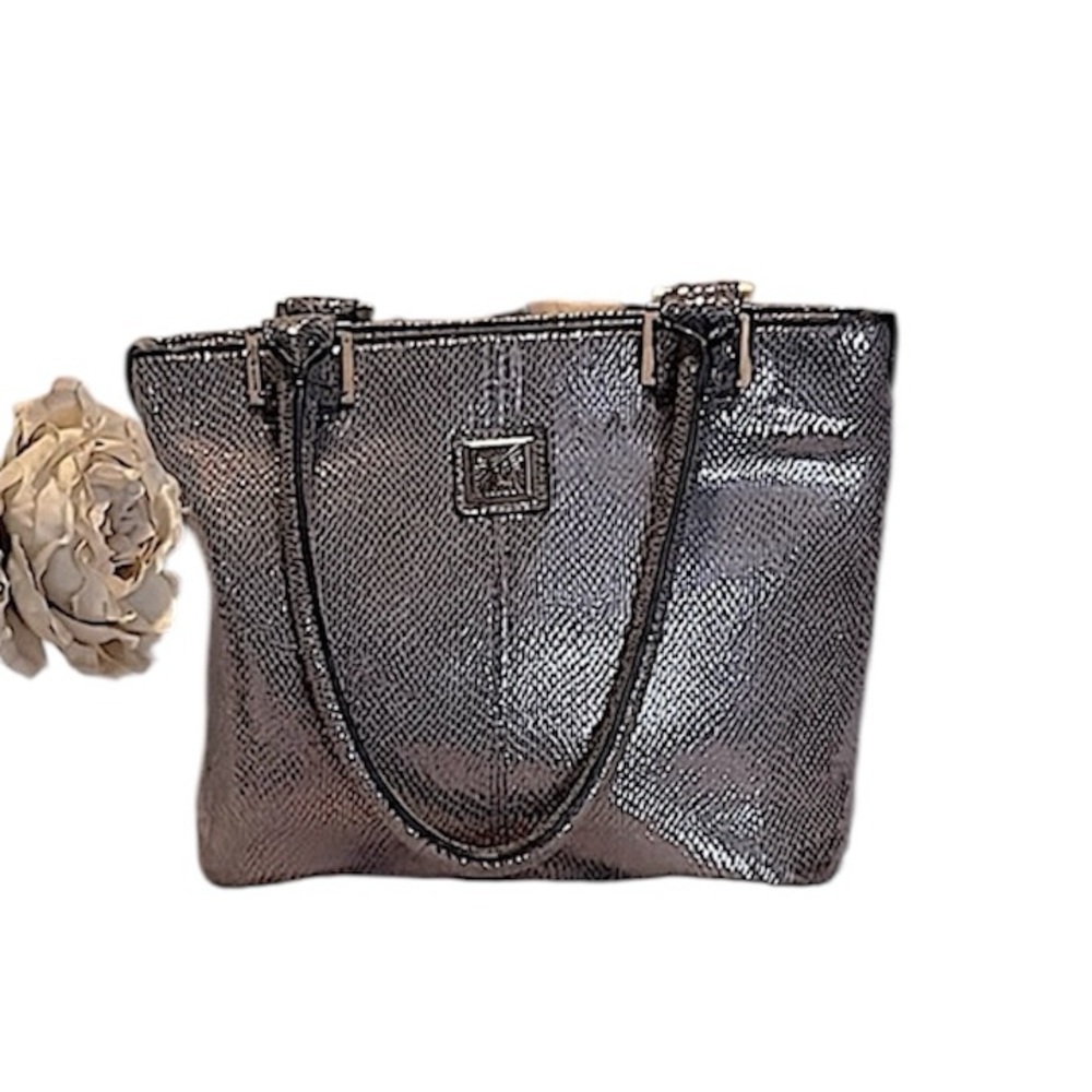 Anne Klein Shimmering Pewter Silver Snake Print Vegan Tote Bag Purse